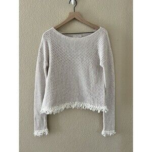 WHITE + WARREN Subtle Stripe Knot Fringe Knit Sweater Minimalist Size M